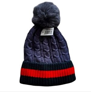 Grey Red Green Striped Soft Pom Knit Beanie Hat Insulated One Size NWOT